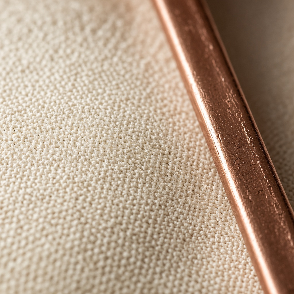 Close-up of cream linen weave beside a copper edge