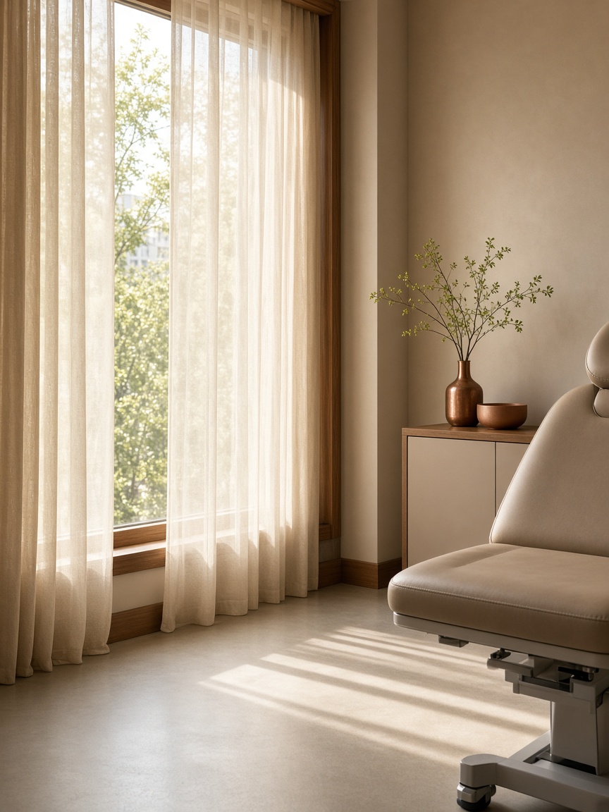 Daylight through sheer curtains in a calm Union City treatment room